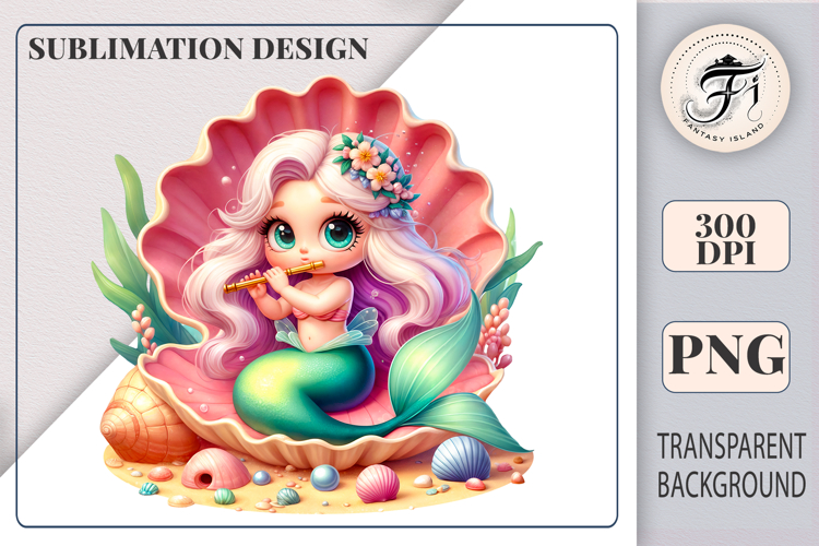 Cute Little Mermaid Clipart PNG | Ocean Shell | Sublimation