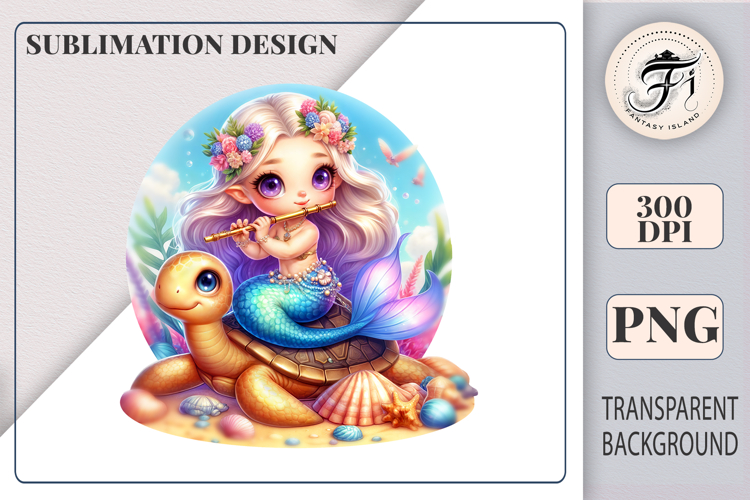Cute Little Mermaid on Turtle | Sublimation Clipart PNG
