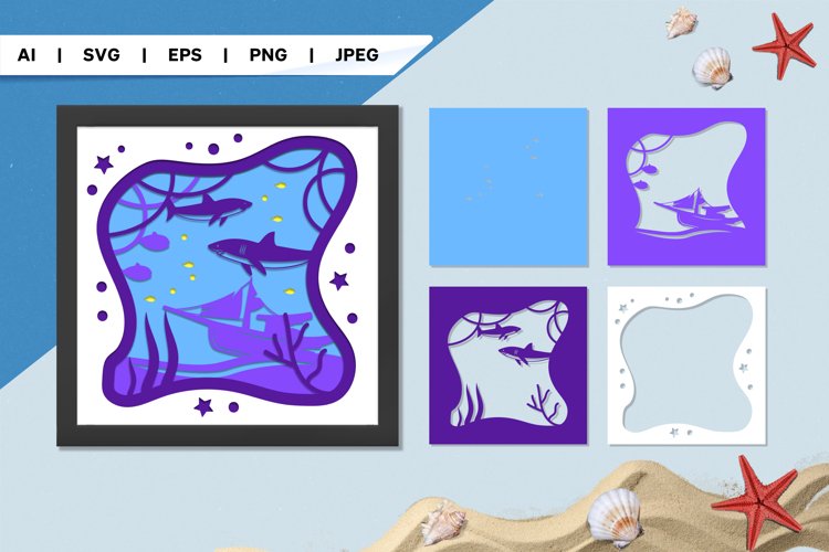 3D Shadowbox Underwater Scene with Sunken Ship Papercut SVG