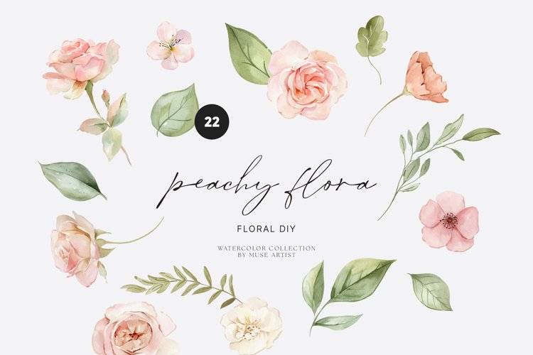 Peachy Flora Watercolor Collection, Summer Floral Clipart