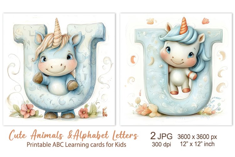 Cute Unicorn, Animal Alphabet Letters, ABC Printable cards