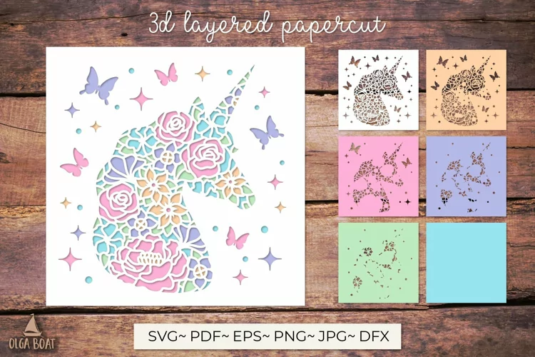3d Unicorn layered papercut svg Girl birthday card