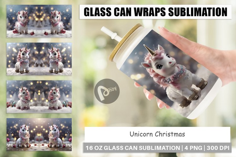 Glass Can Wraps Unicorn Christmas