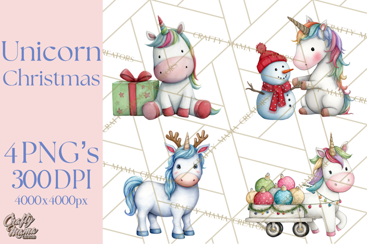 Christmas Unicorn Clipart, Cute Watercolor Unicorns PNG