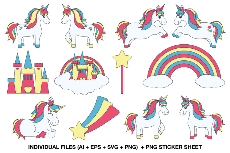 Cute unicorn clipart set with pastel colors