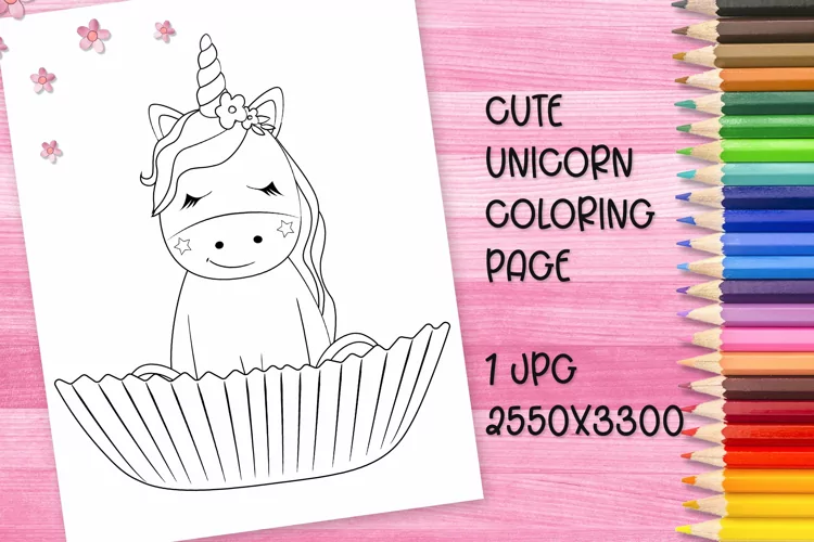 Cute unicorn coloring book page for kids. JPG.