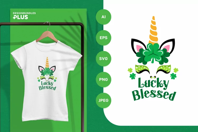 Lucky Blessed, Cute Unicorn Face with Green Clover Ornament