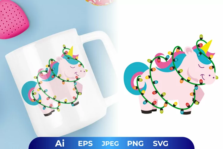 Pink and Blue Unicorn Tangled in Colorful Fairy Lights