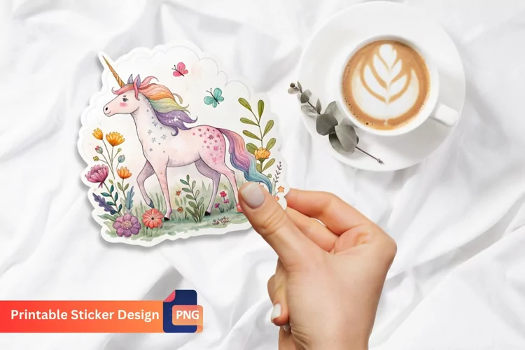 Unicorn Flowers Sticker, Watercolor Unicorn Sticker