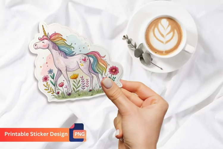 Unicorn Flowers Sticker, Watercolor Unicorn Sticker