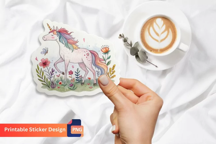 Unicorn Flowers Sticker, Watercolor Unicorn Sticker