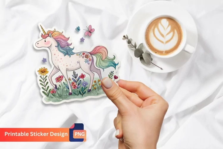 Unicorn Flowers Sticker, Watercolor Unicorn Sticker