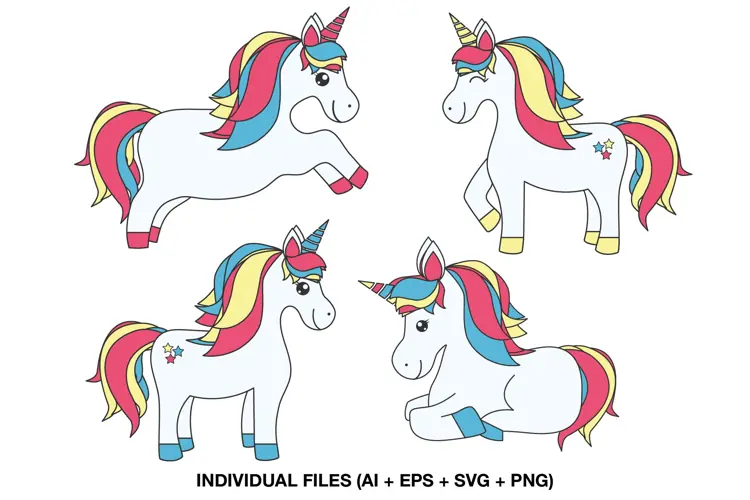Cute Unicorn Clipart, Rainbow Pony Illustrations