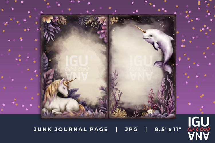 Fantasy Night Forest Unicorn and Narwhal Junk Journal Pages