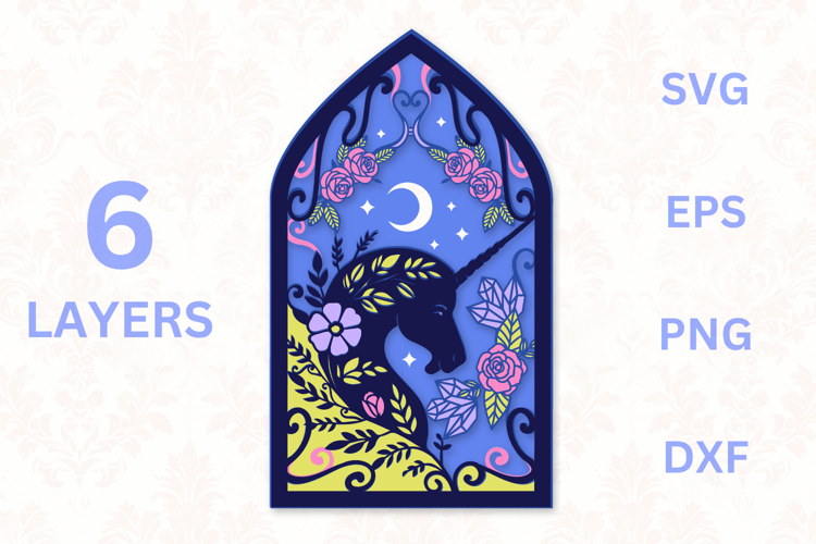 Unicorn with Roses and Moon layered SVG example image 1