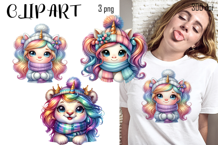 Cute winter Unicorn clipart, Funny Animal christmas clipart