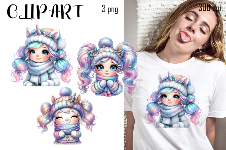 Cute winter Unicorn clipart, Funny Animal christmas clipart