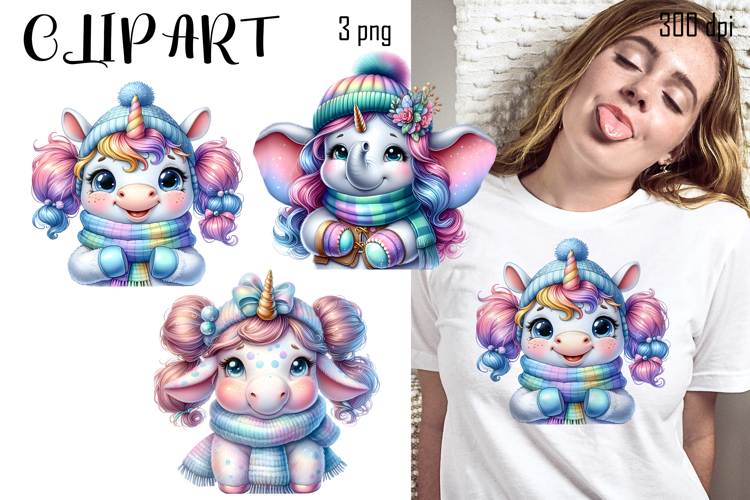 Cute winter Unicorn clipart, Funny Animal christmas clipart