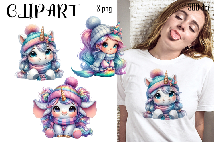 Cute winter Unicorn clipart, Funny Animal christmas clipart