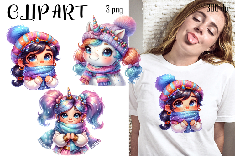 Cute winter Unicorn clipart, Funny Animal christmas clipart