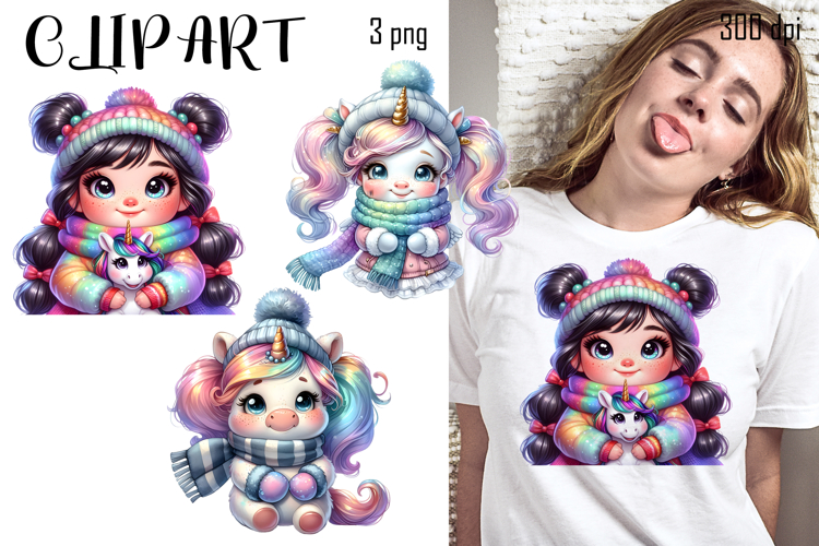 Cute winter Unicorn clipart, Funny Animal christmas clipart