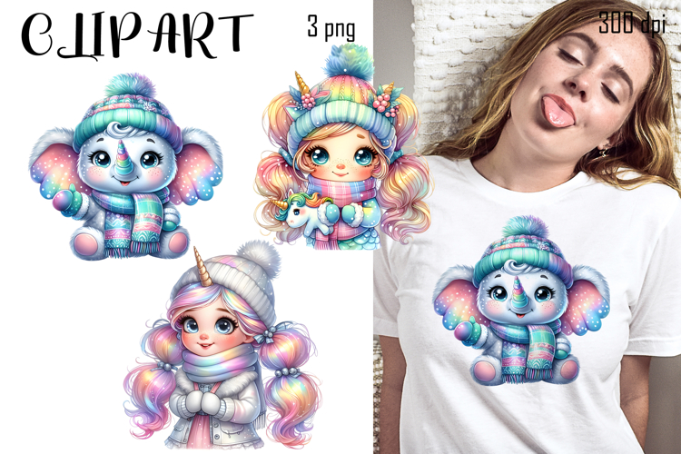 Cute winter Unicorn clipart, Funny Animal christmas clipart