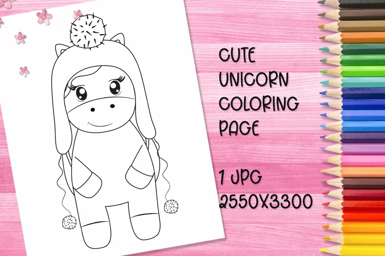Cute unicorn coloring book page for kids. JPG.