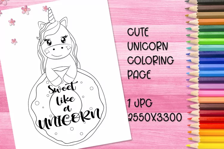 Cute unicorn coloring book page for kids. JPG.