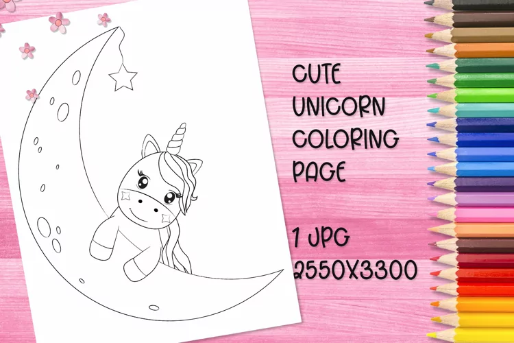Cute unicorn coloring book page for kids. JPG.