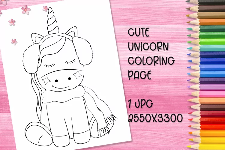 Cute unicorn coloring book page for kids. JPG.