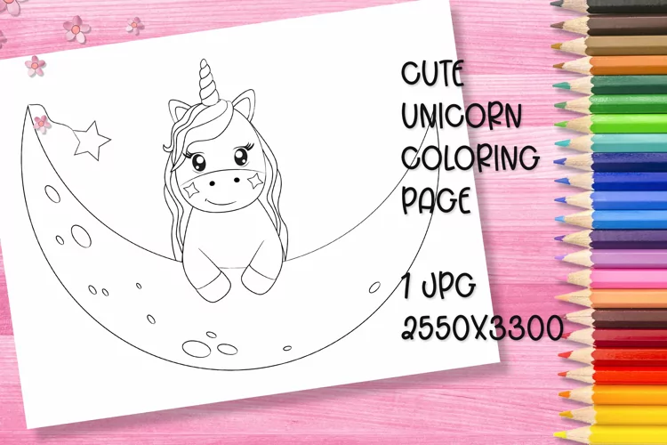 Cute unicorn coloring book page for kids. JPG.