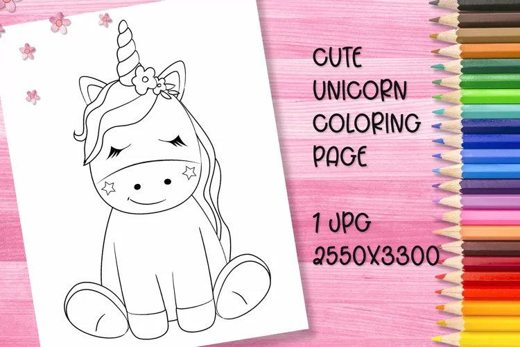 Cute unicorn coloring book page for kids. JPG.