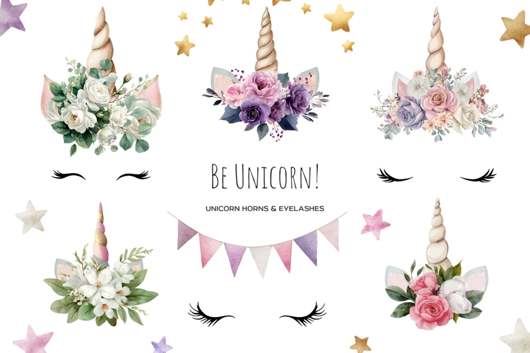 Watercolor unicorn horns clipart Unicorn horn with flowers