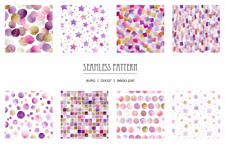 Watercolor pink, purple and beige dots and stars pattern