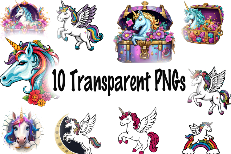 Cute Unicorn PNG Bundle | 10 Magical Fantasy Clipart Designs