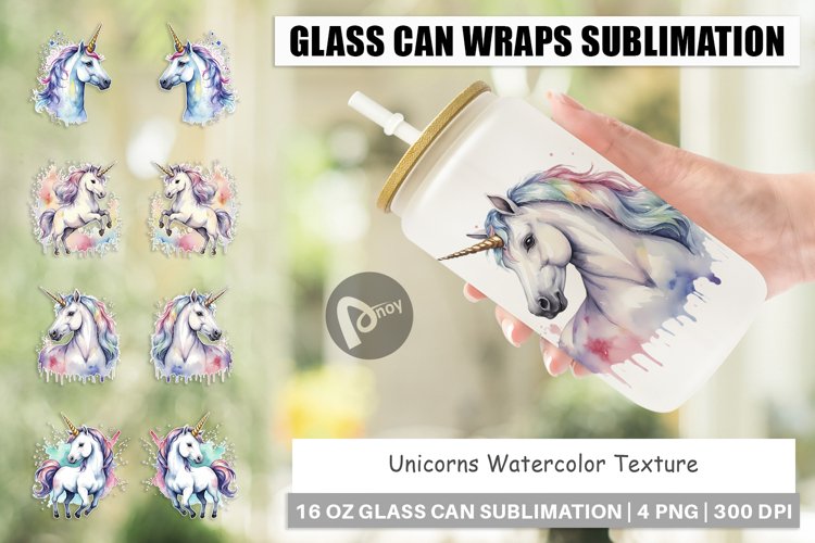 Glass Can Wraps Unicorns Watercolor