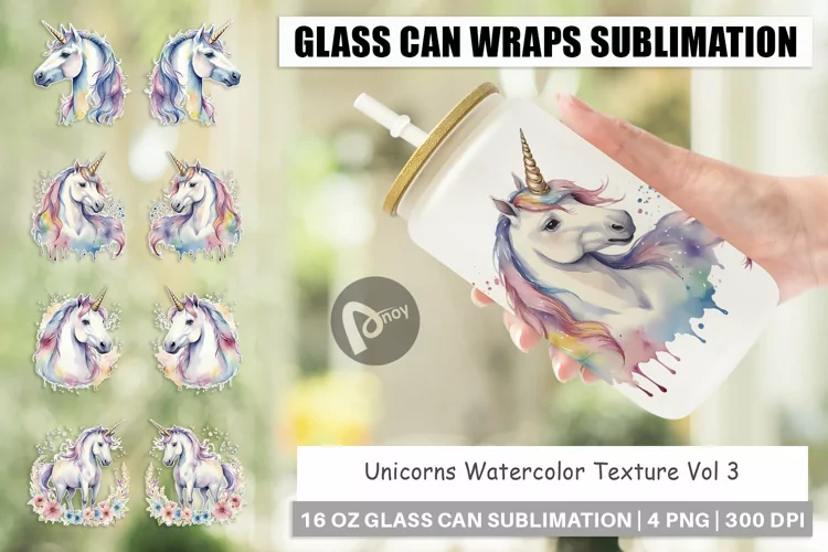 Glass Can Wraps Unicorns Watercolor