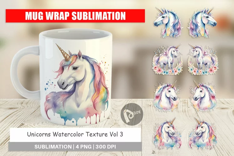 Mug Wrap Design Unicorns Watercolor