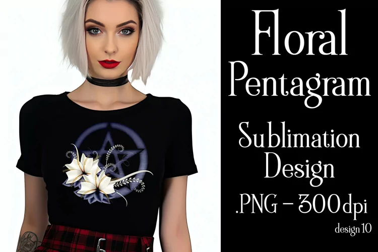 Pentagram Sublimation Design, Floral Blue Purple Pentagram