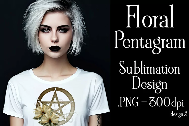 Pentagram Sublimation Design, Floral Dark Tan Pentagram PNG