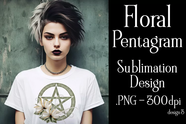 Pentagram Sublimation Design, Floral Dark Tan Pentagram PNG