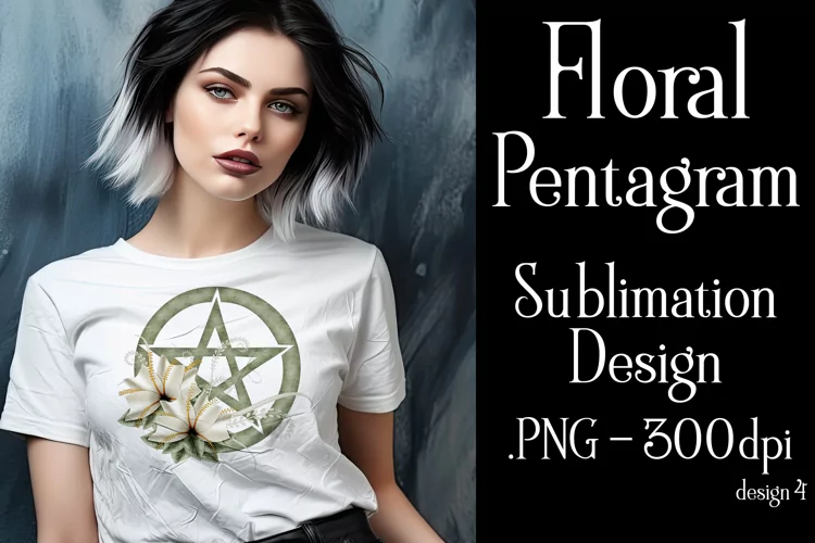 Pentagram Sublimation Design, Floral Green Pentagram PNG