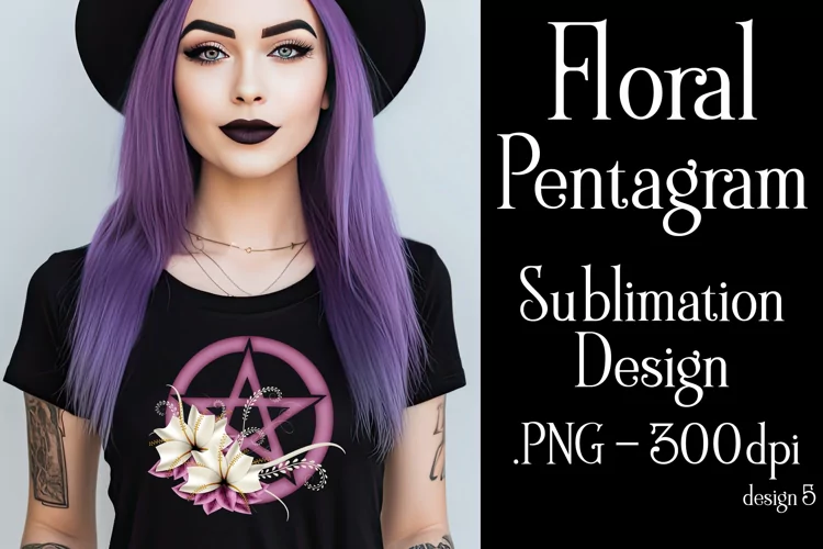 Pentagram Sublimation Design, Floral Dark Pink Pentagram PNG