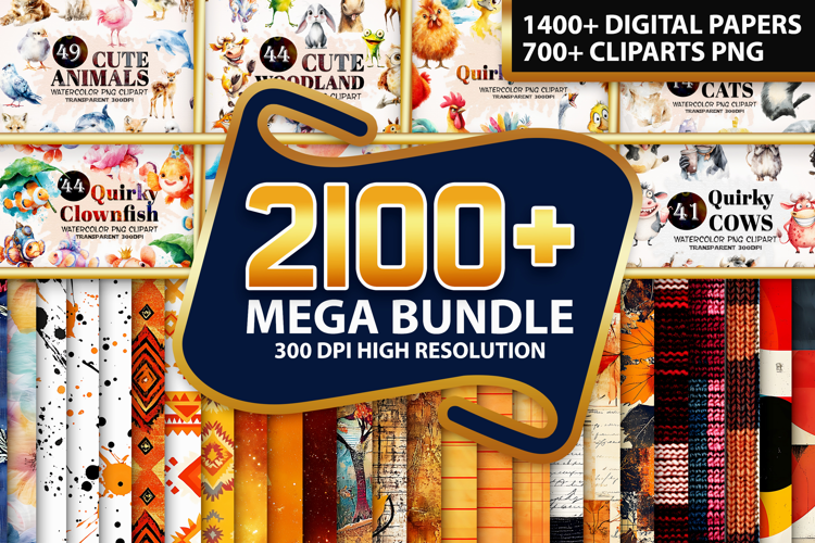 Watercolor Clipart & Digital Paper Bundle 2100 Mega Pack