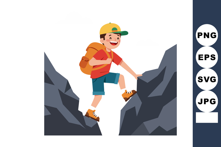 Boy Hiking Between Rocky Cliffs Wearing Backpack and Cap Out