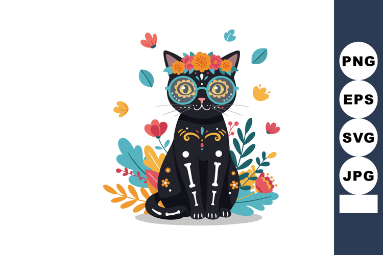 Black Cat with Floral Crown and Glasses in Colorful Leaves a