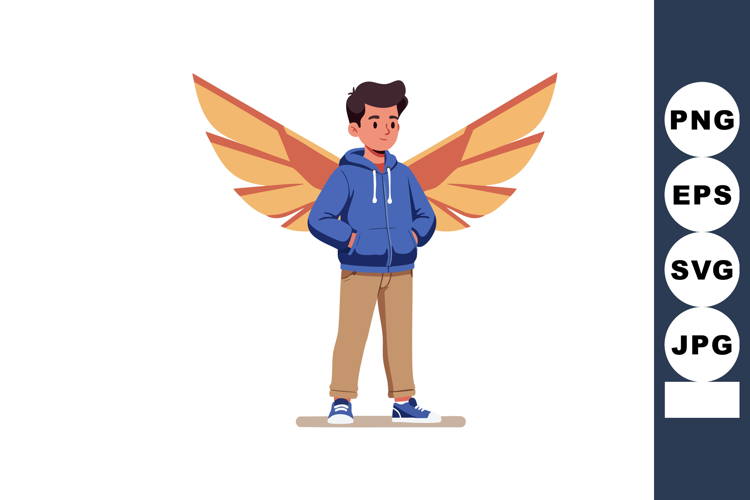 Boy with stylized orange wings standing in blue hoodie and b