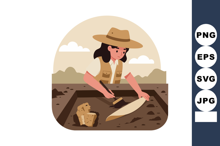Female Archaeologist Excavating Ancient Artifact in Desert L