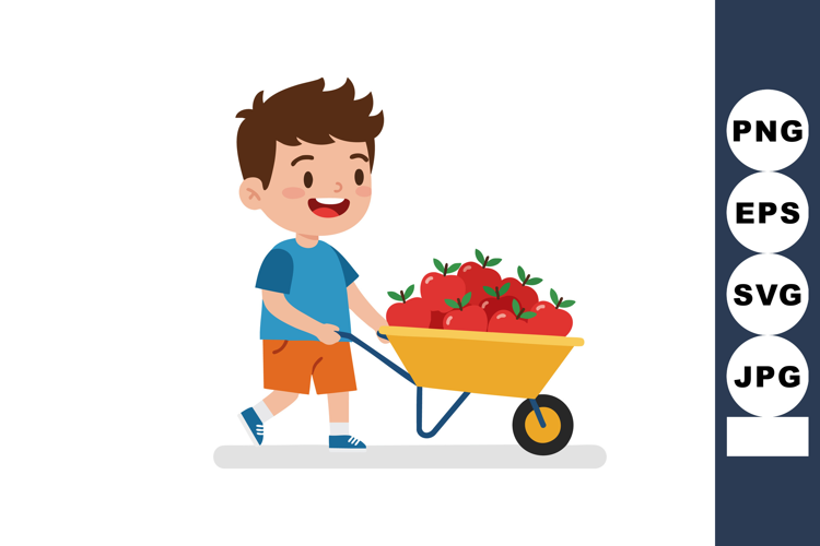 Boy pushing yellow wheelbarrow full of red tomatoes outdoor