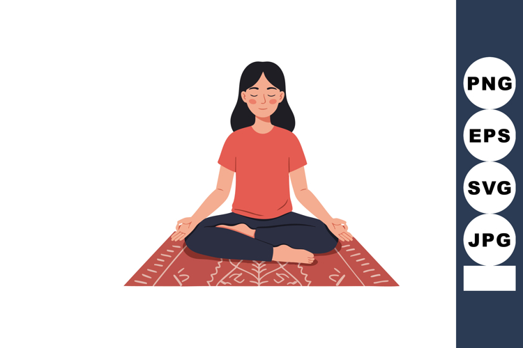 Woman Meditating in Lotus Position on Red Patterned Mat Vect